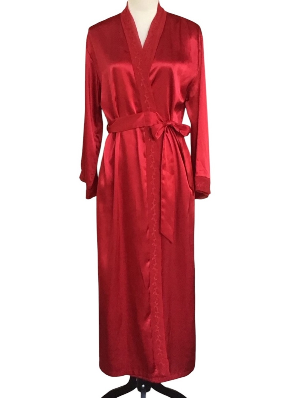 Vintage Halston Red Satin Robe Lace Trim